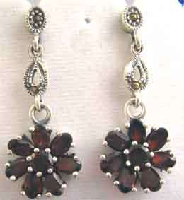 Excusite, Sterling Silver , Marcasite and Genuine Garnets Earrings.