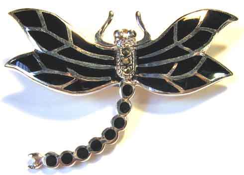 LOVELY, STERLING SILVER , MARCASITE AND BLACK ENAMEL ` DRAGON FLY `  BROOCH.