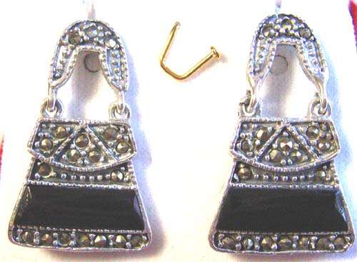 925 Sterling Silver , Marcasite and Black Onyx Earrings.