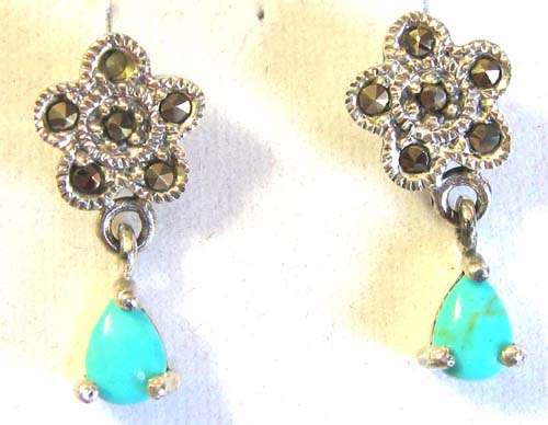 A pair of Sterling Silver , Marcasite and Turquoise Earrings.