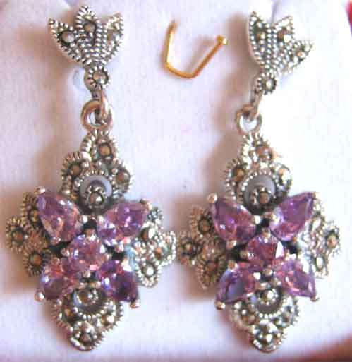 Genuine Sterling Silver , Marcasite and Amethysts Earrings
