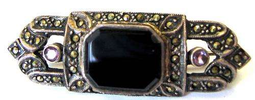 CHARMING ,STERLING SILVER, MARCASITE, BLACK ONYX  AND  AMETHYST  BROOCH.