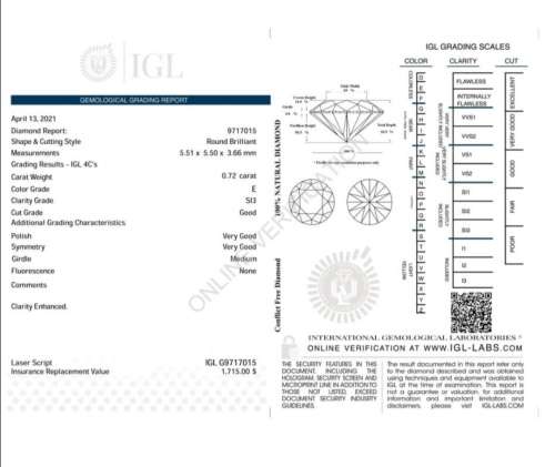 IGL CERTIFIED STUNNING FIRE 0.72ct E COLOURLESS SI3 INVESTMENT DIAMOND