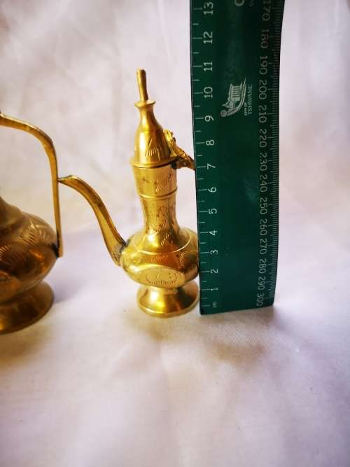 A Lovely vintage brass set - 2 Dallah style wine decanters and glasses on tray.
