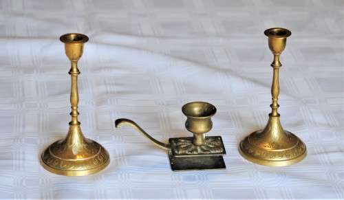 Vintage Brass Candle Sticks and Matchbox Holder