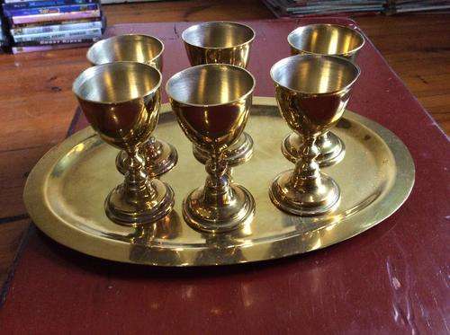 Brass Tray with 6 Liqueur Glasses