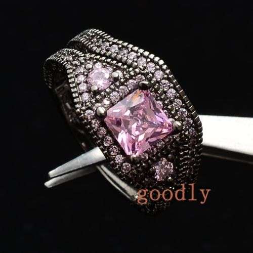 Gold Filled Princess Cut Pink Sapphire(synthetic) Bridal Wedding Ring Set