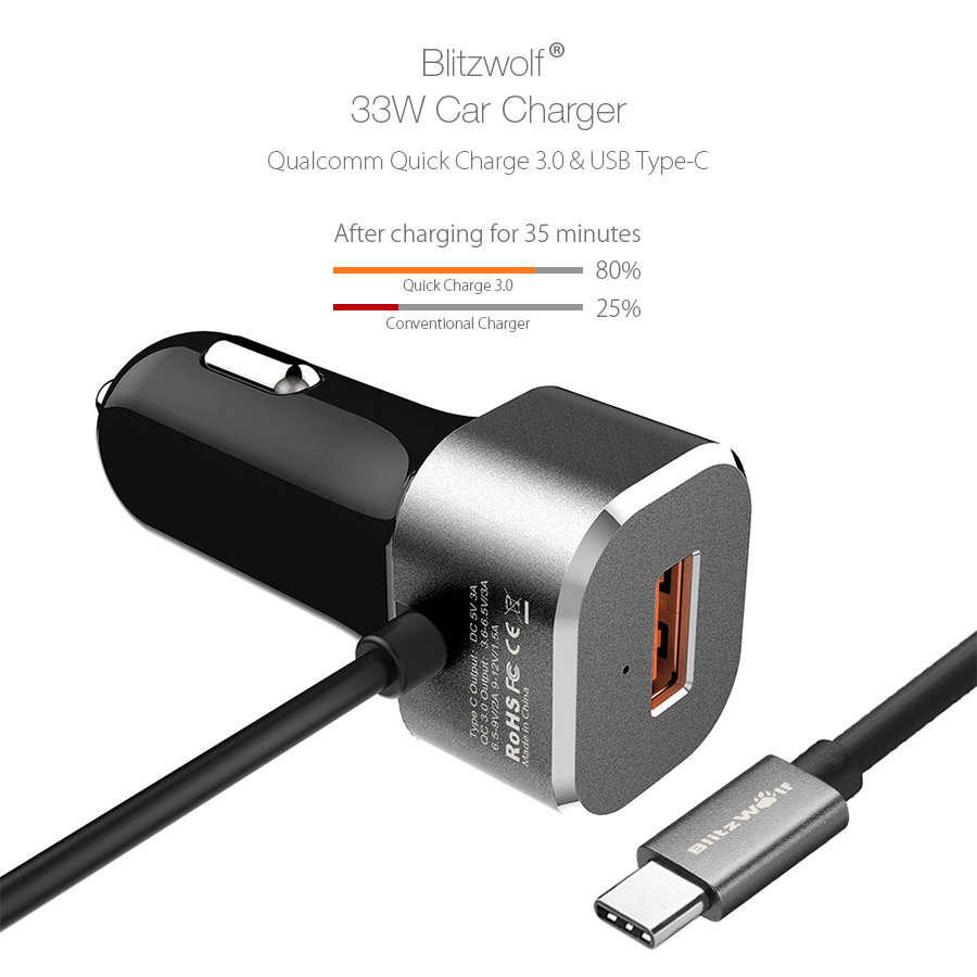 BlitzWolf® Qualcomm Certified QC 3.0 USB Type C BW-C9 Dual Ports Car Charger