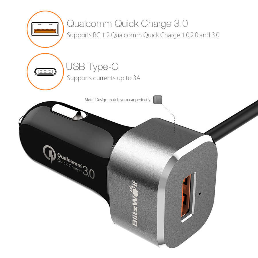 BlitzWolf® Qualcomm Certified QC 3.0 USB Type C BW-C9 Dual Ports Car Charger