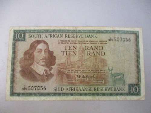LOVELY SLIGHTLY BIT CREASED TEN R10 RAND BANK NOTE C325 507036 -TW DE JONGH