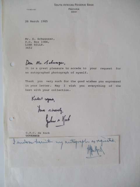 AUTOGRAPHED / SIGNED  - GERHARD DE KOCK GOVERNOR OF THE RESERVE BANK AND LETTER