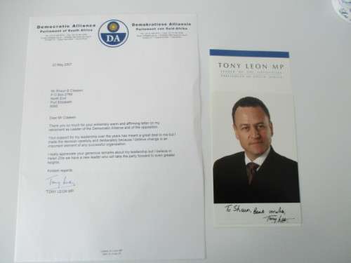AUTOGRAPHED / SIGNED - TONY LEON - OPPOSITION LEADER  DA
