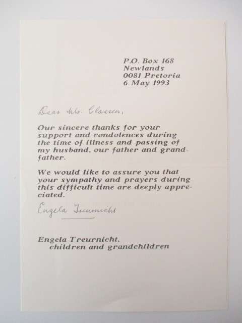 AUTOGRAPHED / SIGNED - ANDRIES TREURNICHT AND WIDOW ENGELA LETTER