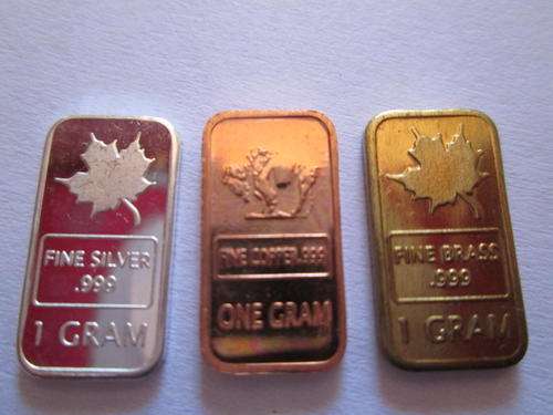 TAKE 3- 1 GRAM COPPER- 1 GRAM SILVER- 1 GRAM BRASS MINI BARS