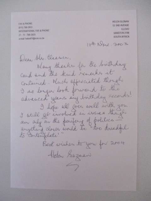 AUTOGRAPHED / SIGNED - HAND WRITTEN LETTER - ACTIVIST AND POLITICIAN HELEN SUZMAN