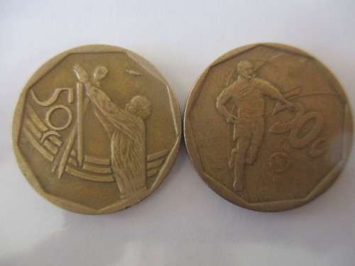 SOUTH AFRICA  - 50c x2 coins  CRICKET AND SOCCER - 2003-2002  (4)