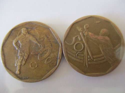 SOUTH AFRICA - 50c COINS - X2 CRICKET AND SOCCER COINS  - 2002 -2003  (6)