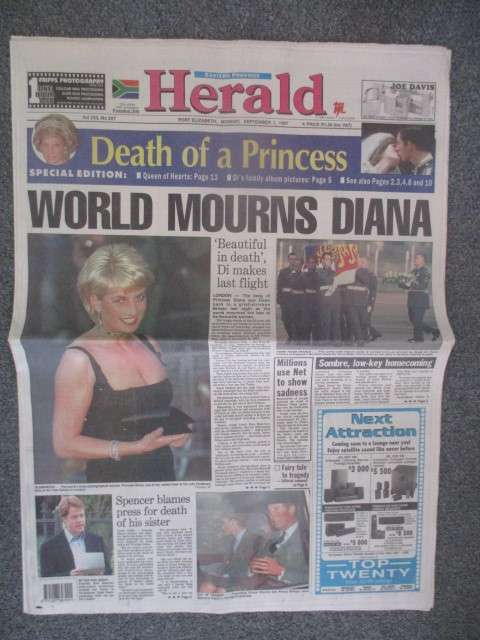 NEWSPAPER -  EASTERN PROVINCE HERALD - DEATH OF A PRINCESS - DIANA  1997