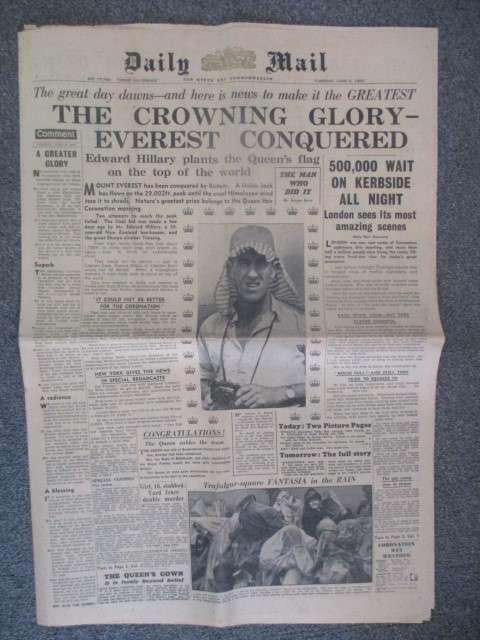 VINTAGE NEWSPAPER - DAILY MAIL EVEREST  CONQUERED - 1953