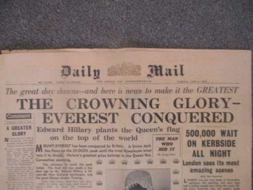 VINTAGE NEWSPAPER - DAILY MAIL EVEREST  CONQUERED - 1953