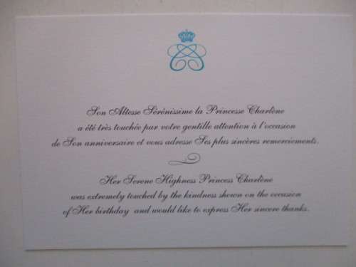 LOVELY THANK YOU CARD FROM PRINCESS CHARLENE OF MONACO FOR HER BIRTHDAY