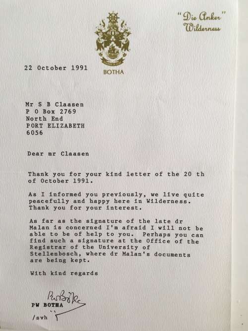 LOVELY LOT OF PW BOTHA  FORMER PRESIDENT  AND -  FREE  ELIZE BOTHA AUTOGRAPH