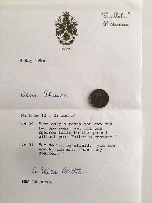 LOVELY LETTER AND UNCIRCULATED 1c COIN FROM FORMER PRESIDENT PW BOTHA WIFE ELIZE BOTHA