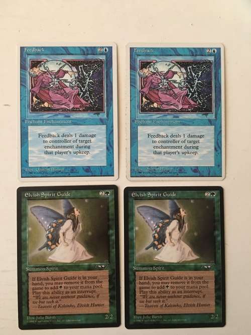 MAGIC THE GATHERING - 2 HALF SETS X 2 - ELVISH SPIRIT GUIDE - X 2 - FEEDBACK X 2 - 4 CARDS