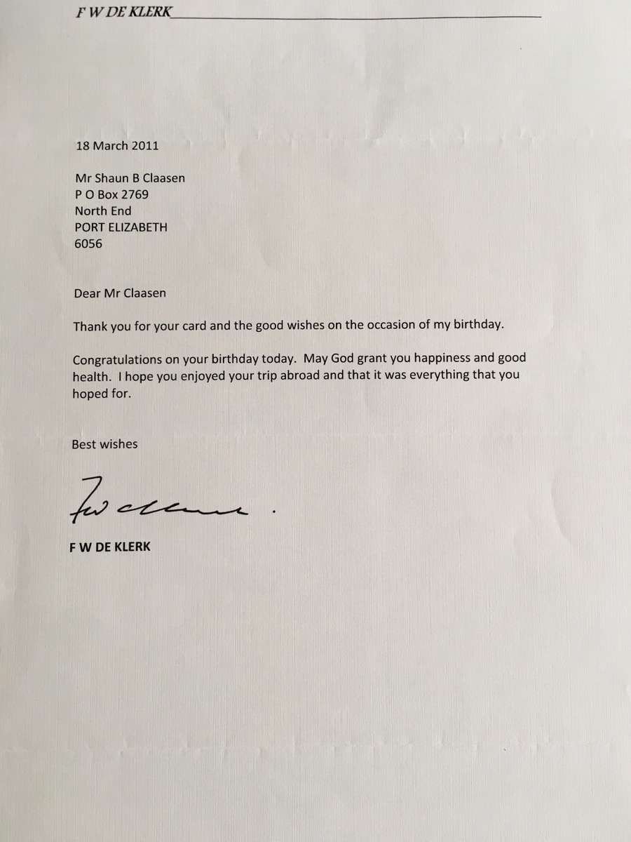 LOVELY SIGNED LETTER OF PAST PRESIDENT  FW DE KLERK