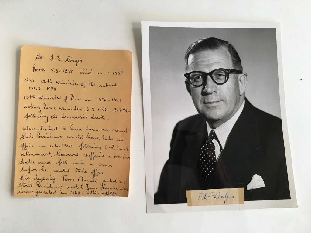 AUTOGRAPH / SIGNED - DR. J E DONGES - ACTED AS PRIME MINISTER TIME OF VERWOERD DIED 1968