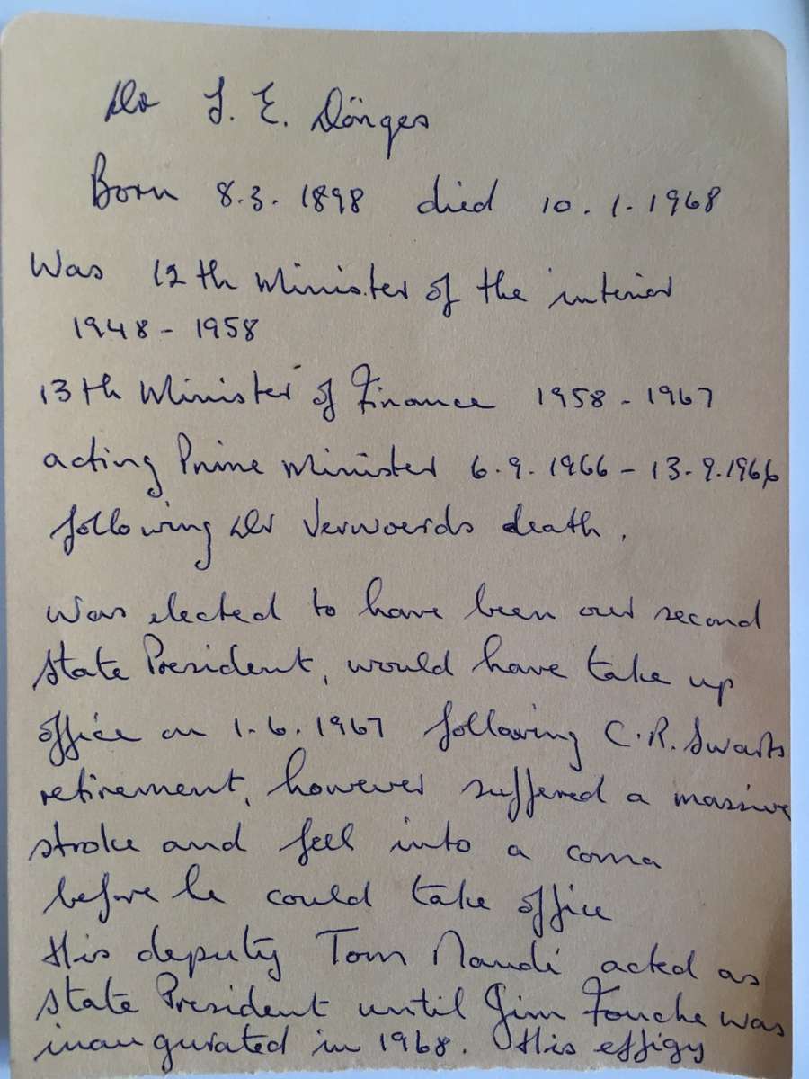 AUTOGRAPH / SIGNED - DR. J E DONGES - ACTED AS PRIME MINISTER TIME OF VERWOERD DIED 1968