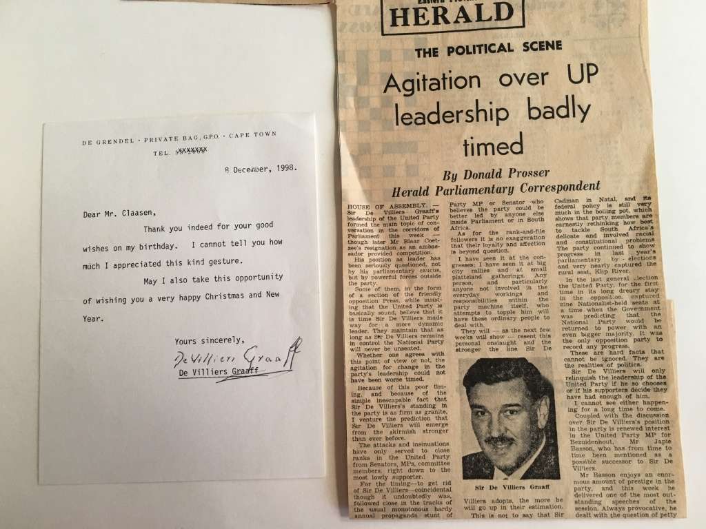 LOVELY SIGNED LETTER - SIR DE VILLIERS GRAAFF LEADER OF THE UNITED PARTY - 1972