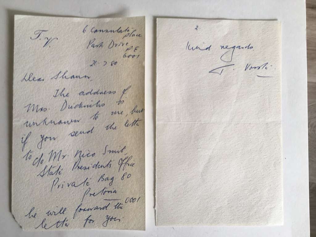LOVELY LETTER  FROM FORMER PRESIDENT WIFE MRS TINI VORSTER  - 1980