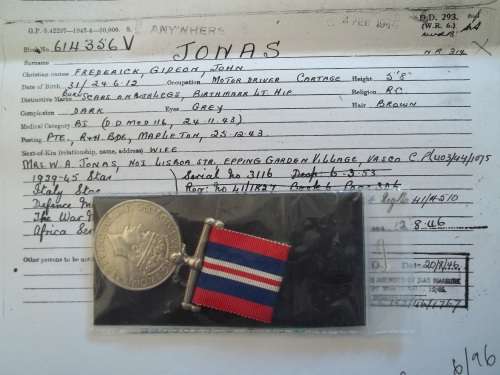 1939 / 45 WAR MEDAL WITH COPY SERVICE CARD ...  JONAS