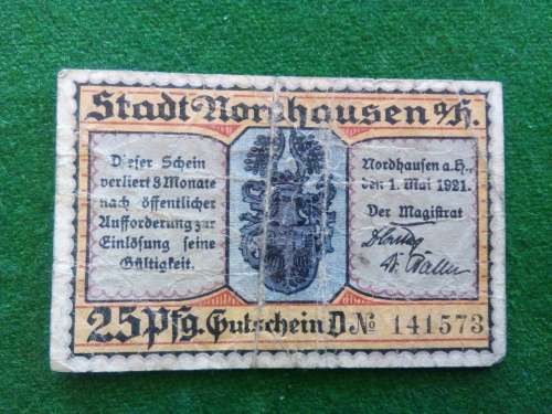 GERMANY .. NOTGELD .. STADT NORDHAUSEN .. 1921 .. 25 PFENNIG
