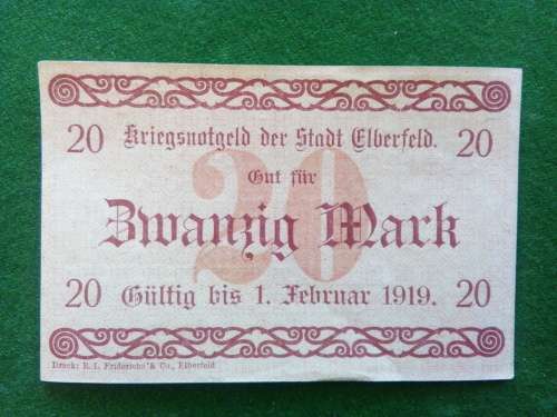 GERMANY .. KRIEGSNOTGELD .. 1918 ..STADT ELBERFELD .. 20 MARK .. UNCIRCULATED