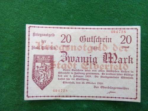 GERMANY .. KRIEGSNOTGELD .. 1918 ..STADT ELBERFELD .. 20 MARK .. UNCIRCULATED