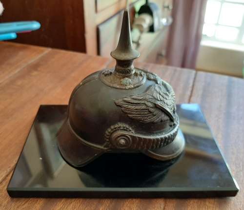 MINIATURE GERMAN WW1 SPIKED HELMET STATUETTE ON STAND