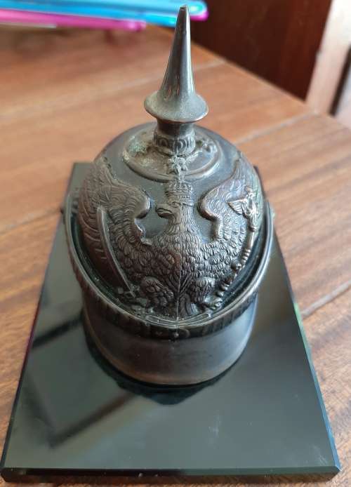 MINIATURE GERMAN WW1 SPIKED HELMET STATUETTE ON STAND