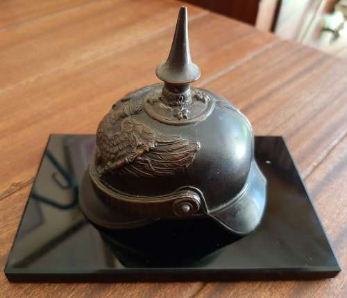 MINIATURE GERMAN WW1 SPIKED HELMET STATUETTE ON STAND