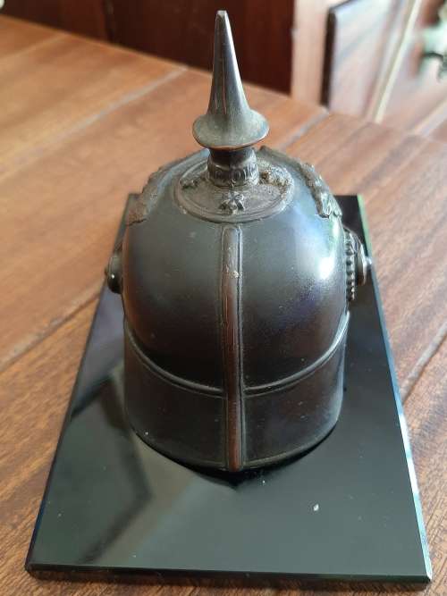 MINIATURE GERMAN WW1 SPIKED HELMET STATUETTE ON STAND