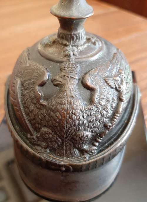 MINIATURE GERMAN WW1 SPIKED HELMET STATUETTE ON STAND