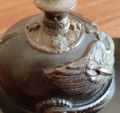 MINIATURE GERMAN WW1 SPIKED HELMET STATUETTE ON STAND