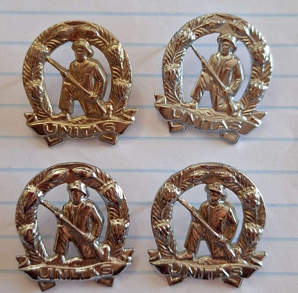 LOT OF 4 X SADF COMMANDO UNIT COLLAR BADGES - ALL SCREWS LUGS AND PINS INTACT