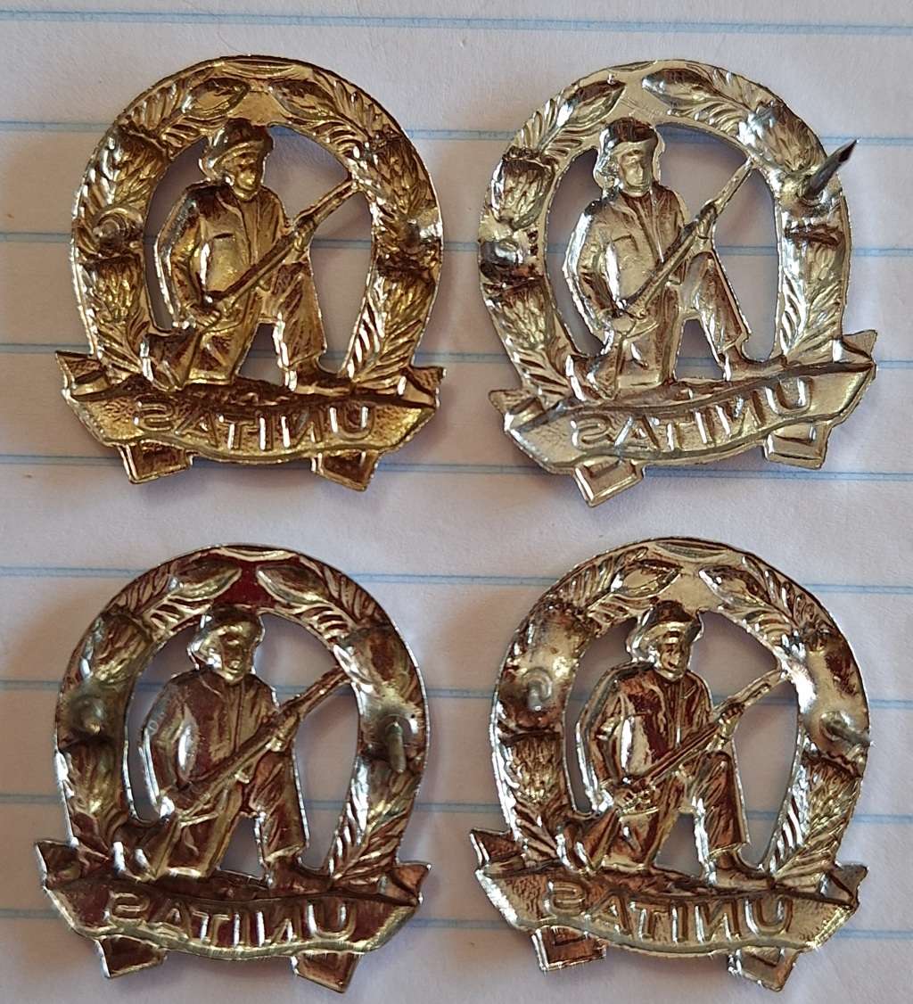 LOT OF 4 X SADF COMMANDO UNIT COLLAR BADGES - ALL SCREWS LUGS AND PINS INTACT