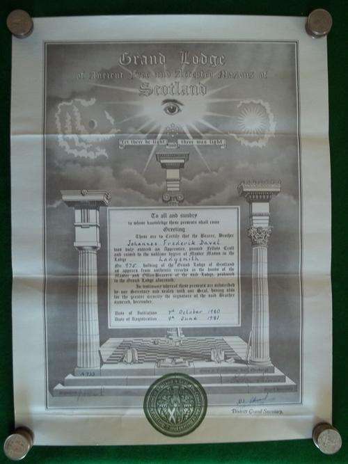 Masonic Freemason Certificate to Johannes Frederik Davel - Ladysmith Lodge