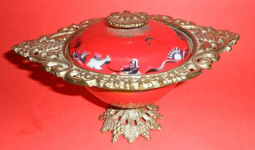 Vintage Jerusalem Souvenir Enamel & Brass Dish with Lid