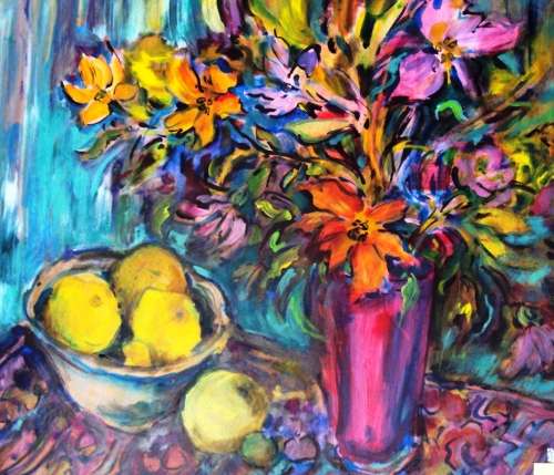 Autumn Flowers in purple Glass Vase with Bowl of Quinces.