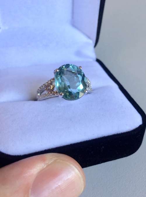 4.9 CT AQUA BLUE AQUAMARINE & SAPPHIRE OVAL STERLING SILVER 925 RING SIZE SIZE N