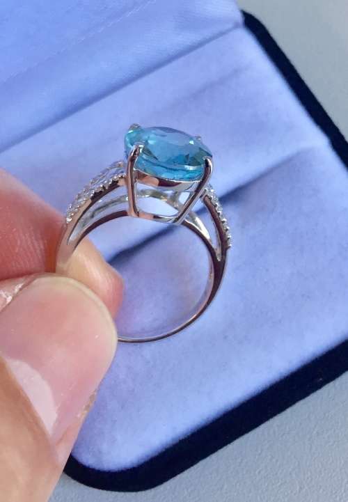 4.9 CT AQUA BLUE AQUAMARINE & SAPPHIRE OVAL STERLING SILVER 925 RING SIZE SIZE N